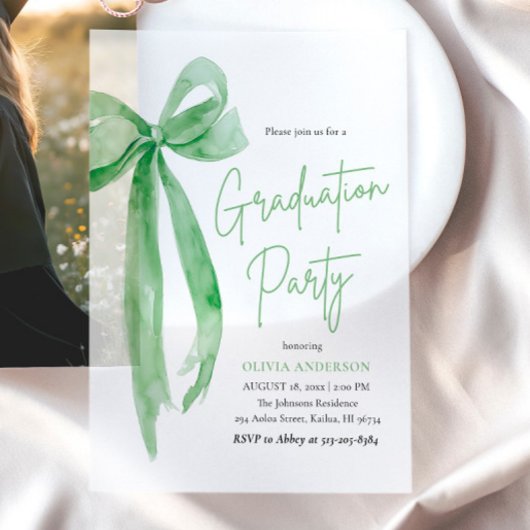 Moderne Trendy Lime Green Bow Graduation Party Vellum Uitnodigingen