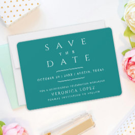Moderne Trendy Minimal Teal Mis Quince Años Typo Save The Date
