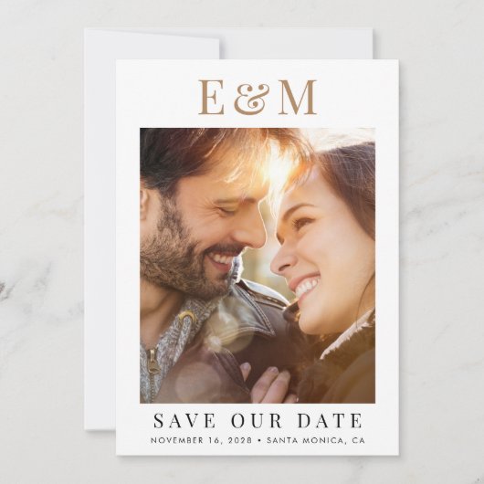 Moderne trendy monogram foto save the date (Voorkant)