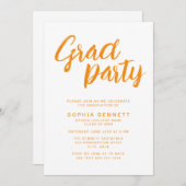Moderne trendy Oranje Brush Script Graduation Part Kaart (Voorkant / Achterkant)