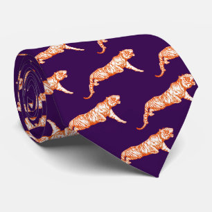 Moderne Trendy Oranje Tijger op Donker Paarse Stropdas