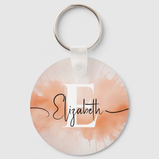 Moderne Trendy Peach Fuzz Waterverf Chic Monogram Sleutelhanger (Voorkant)