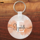 Moderne Trendy Peach Fuzz Waterverf Chic Monogram Sleutelhanger (Voorkant)