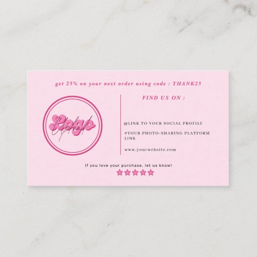 Moderne trendy retro roze script orde dank u visitekaartje (Achterkant)