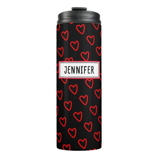 Moderne Trendy Rode Hart Zwarte Witte Naamlabel Thermosbeker (Voorkant)