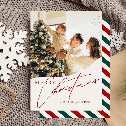 Moderne trendy rode kerst familie foto feestdagenkaart