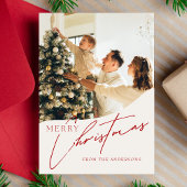 Moderne trendy rode kerst familie foto feestdagenkaart