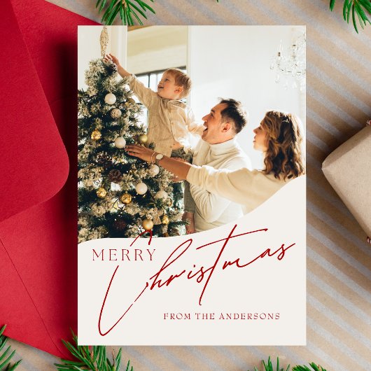 Moderne trendy rode kerst familie foto feestdagenkaart