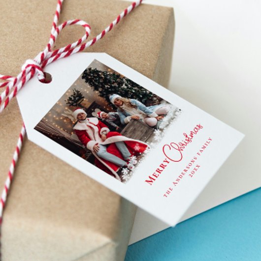 Moderne Trendy Rode Kerstmis Foto Sneeuwvlokken Cadeaulabel