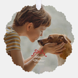 Moderne Trendy Rode Retro Bogen Foto Kerstmis Ornament Kaart