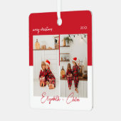 Moderne Trendy Rood & Wit Naam Monogram 3 Foto Metalen Ornament (Voorkant links)