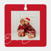 Moderne Trendy Rood & Wit Naam Monogram 3 Foto Metalen Ornament (Achterkant)