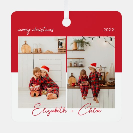 Moderne Trendy Rood & Wit Naam Monogram 3 Foto Metalen Ornament (Voorkant)