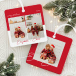 Moderne Trendy Rood & Wit Naam Monogram 3 Foto Metalen Ornament<br><div class="desc">Vreugde toevoegen aan uw boom met dit trendy minimal & modern rood-wit metalen ornament. Ons ontwerp heeft een rood-wit kleurenstreepontwerp met twee fotolay-outs aan de voorkant en een enkele foto aan de achterkant om uw speciale foto's weer te geven. Personaliseer met jouw tekst, jaar, naam en tweelettermonogram op de achterkant....</div>
