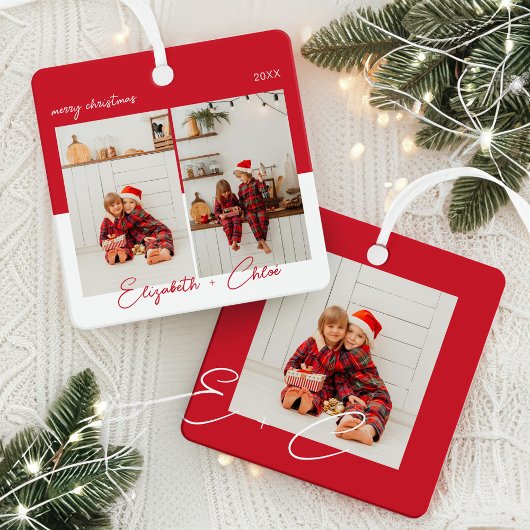 Moderne Trendy Rood & Wit Naam Monogram 3 Foto Metalen Ornament