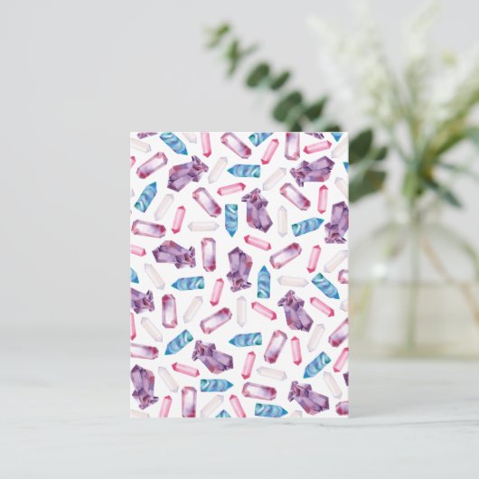 Moderne trendy roze blauwgroen waterverf kristalle briefkaart (Staand voorkant)