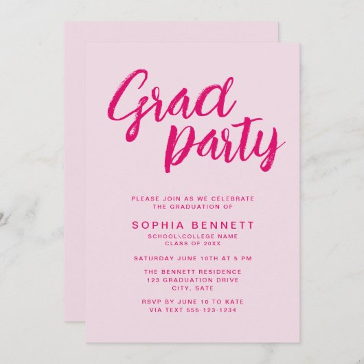 Moderne trendy roze borstel script afstudeerfeest kaart (Voorkant / Achterkant)