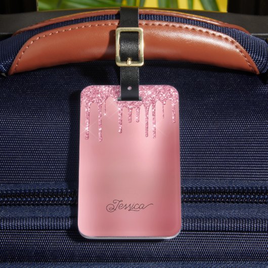 Moderne Trendy Roze Dripping Glitter Bagagelabel (Voorkant Insitu 2)