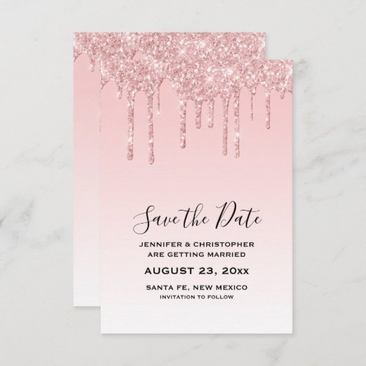 Moderne Trendy Roze Faux Glitter Bruiloft Save The Date (Voorkant / Achterkant)