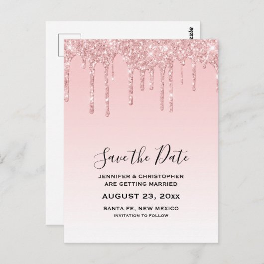 Moderne Trendy Roze Faux Glitter Save the Date Briefkaart (Voorkant / Achterkant)