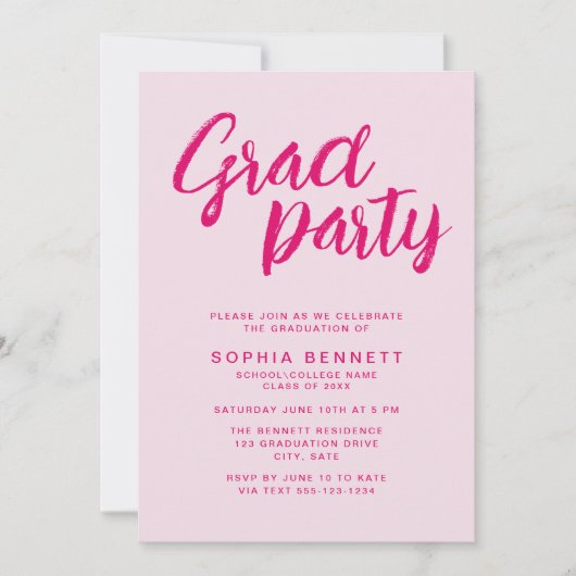Moderne Trendy Roze Kwast Script Afstudeerfeest Kaart (Voorkant)