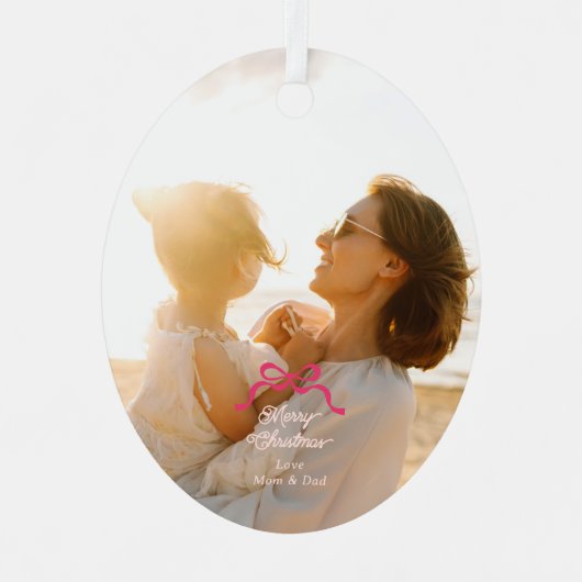 Moderne Trendy Roze Retro Bogen Foto Kerstmis Metalen Ornament (Voorkant)