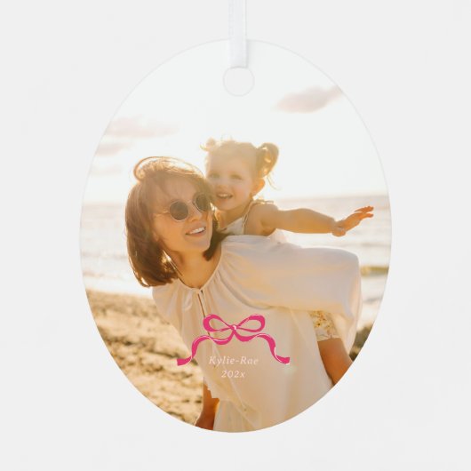 Moderne Trendy Roze Retro Bogen Foto Kerstmis Metalen Ornament (Achterkant)