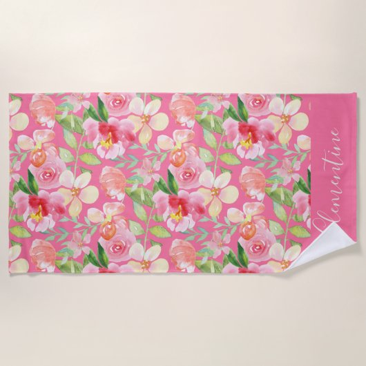 Moderne Trendy Roze Rose Bloemen Waterverf Strandlaken (Voorkant)