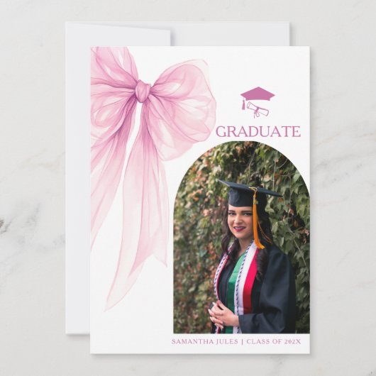 Moderne trendy roze strik afstudeerfoto aankondiging (Voorkant)