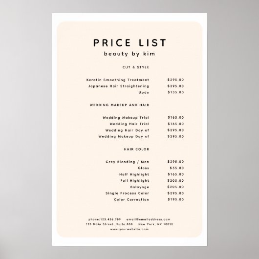 Moderne, trendy, salon prijzenlijst poster (Voorkant)