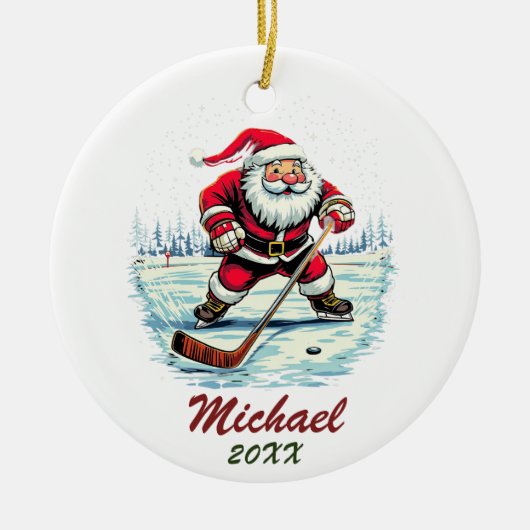 Moderne trendy Santa spelen ijshockey aangepaste n Keramisch Ornament (Voorkant)