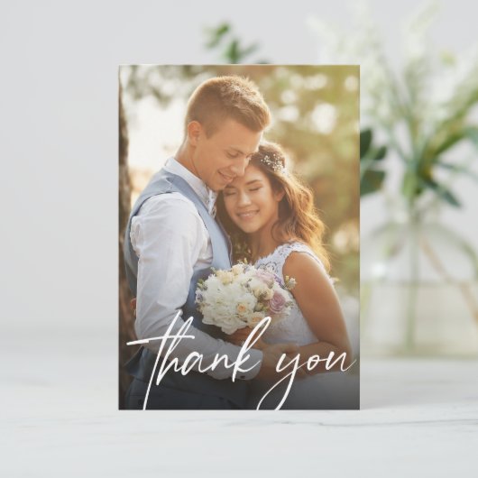 Moderne Trendy Script 2 Trouwfoto's Bedankkaart (Staand voorkant)