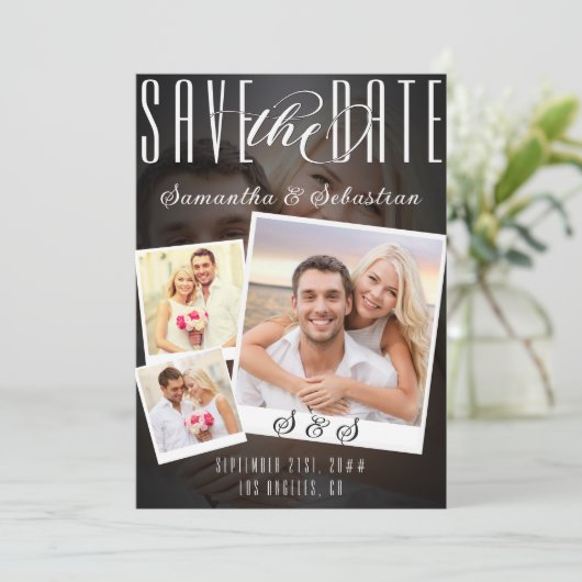 Moderne trendy script 3 foto QR CODE Save The Date (Staand voorkant)
