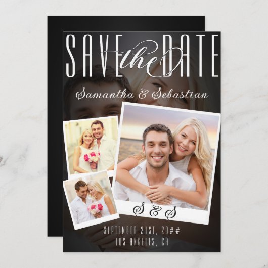 Moderne trendy script 3 foto QR CODE Save The Date (Voorkant / Achterkant)
