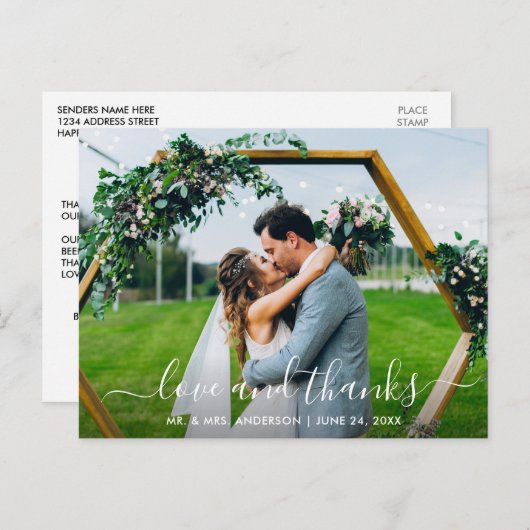 Moderne trendy script bruiloft liefde en dank briefkaart