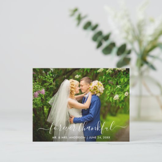 Moderne trendy script bruiloft voor altijd dankbaa briefkaart (Staand voorkant)