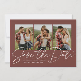 Moderne trendy script drie foto terracotta save the date