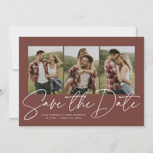 Moderne trendy script drie foto terracotta save the date (Voorkant)