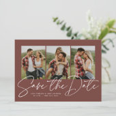 Moderne trendy script drie foto terracotta save the date (Staand voorkant)