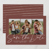 Moderne trendy script drie foto terracotta save the date (Voorkant / Achterkant)