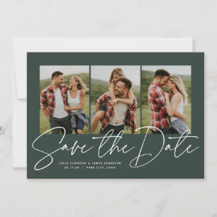 Moderne trendy script drie foto's jachtgroen save the date