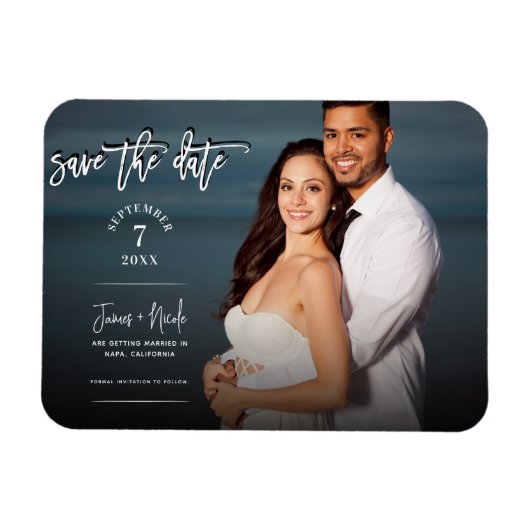 Moderne trendy script foto save the date bruiloft magneet (Horizontaal)