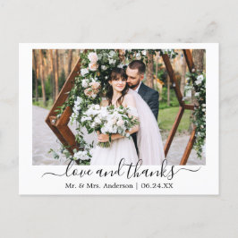 Moderne trendy script liefde dank je bruiloft foto briefkaart