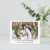 Moderne trendy script liefde dank je bruiloft foto briefkaart (Staand voorkant)