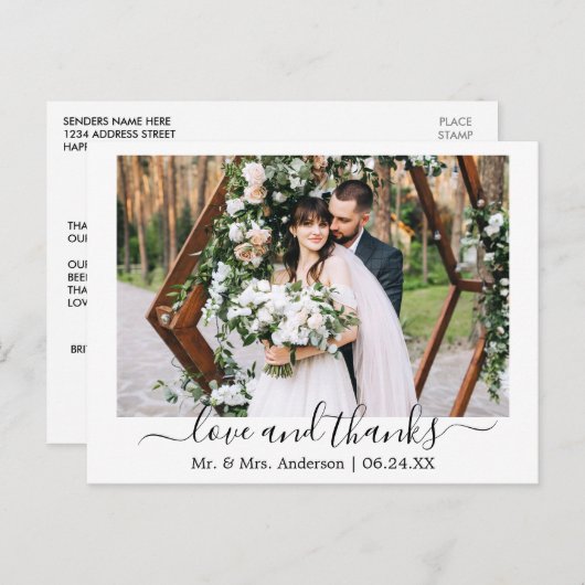Moderne trendy script liefde dank trouwfoto briefkaart (Voorkant / Achterkant)