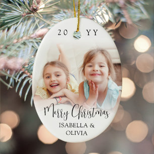 Moderne trendy script Prettig kerstfeest 2 foto's Keramisch Ornament