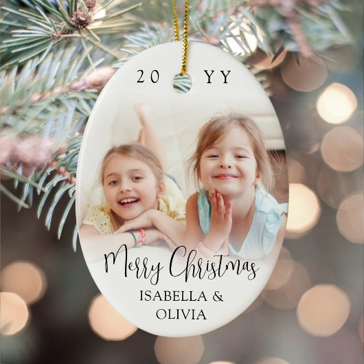 Moderne trendy script Prettig kerstfeest 2 foto's Keramisch Ornament