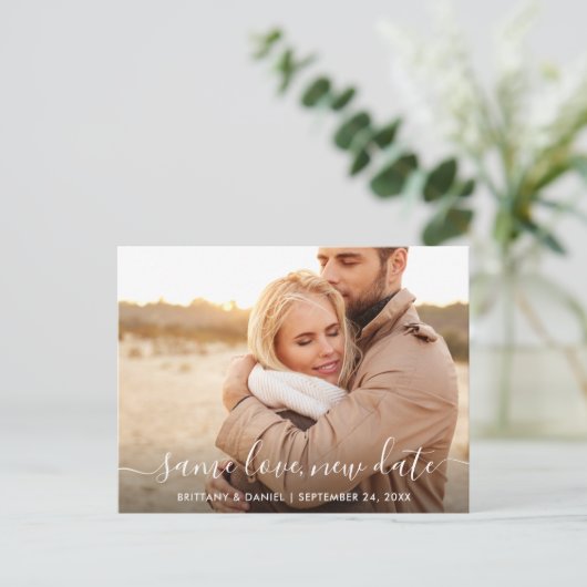Moderne Trendy Script Same Love New Date Foto Briefkaart (Staand voorkant)