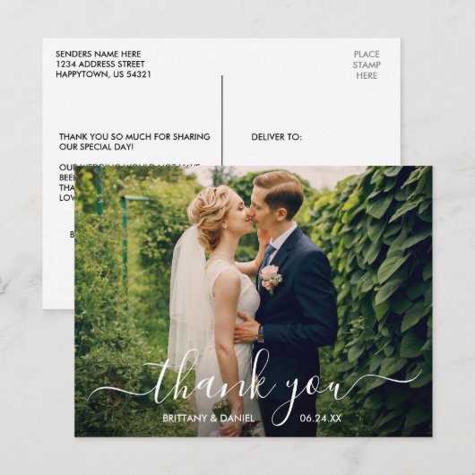 Moderne trendy script trouwfoto dankjewel briefkaart (Voorkant / Achterkant)