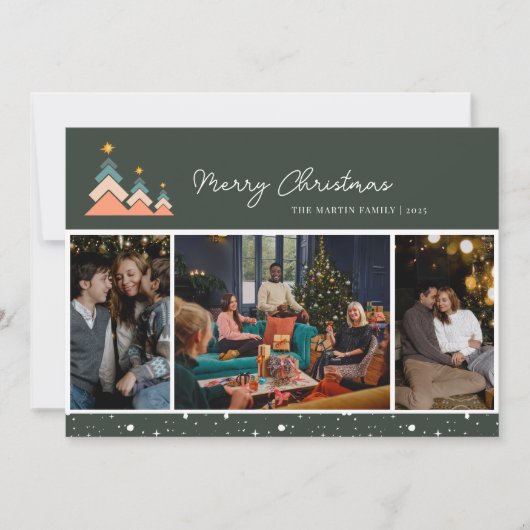 Moderne Trendy Sneeuw Kerstboom 3 Foto Feestdagenkaart (Voorkant)